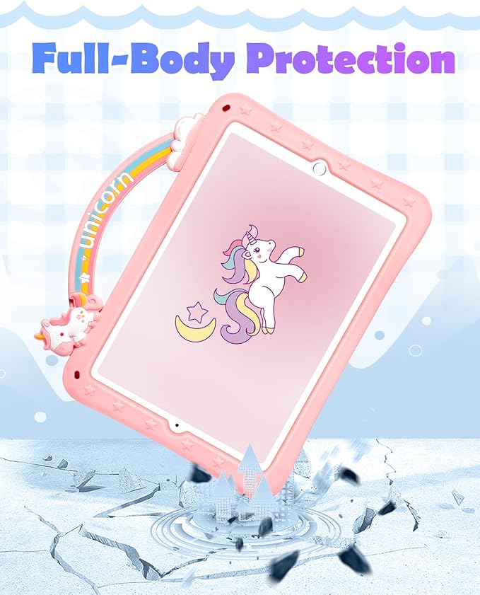 Wazzasoft iPad Case for 6th/5th Generation (2018/2017), Air 1st/2nd Gen, Pro 9.7 (2016) - Girls Girly Cute Cartoon Kawaii Design Silicone Cover With Rotating Stand & Strap