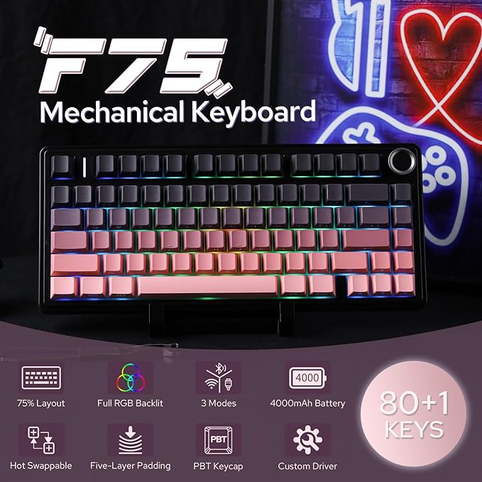 EPOMAKER X Aula F75 75% Wireless Gaming Keyboard, BT/2.4GHz/USB-C, Hot Swappable Creamy Mechanical Keyboard with 5-Layer Padding&Knob, NKRO, RGB (Black Pink, Reaper)