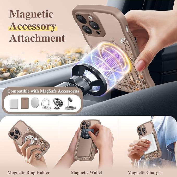 GVIEWIN for iPhone 14 Pro Case Compatible with MagSafe [Curly Wave Edge][Full Camera Protection] Floral Translucent Shockproof Magnetic Women Phone Case for 14 Pro, Floratopia/Brown