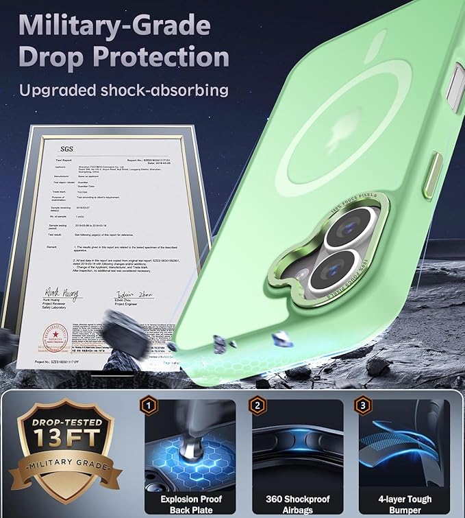 Newfuture Designed for iPhone 16 Case with Magnetic [13 FT Military Drop Protection] [Compatible with Magsafe] Slim Translucent Matte Shockproof with Anti-Fingerprint Phone Case, Matcha Green