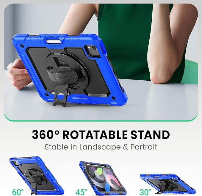 SEYMAC for iPad Air 5th/ 4th Generation Case 10.9 Inch, Full-Body Shockproof Protective Case with Screen Protector, Rotating Stand/Handle/Shoulder Strap/Pencil Holder for iPad Air 5/ Air 4, Blue
