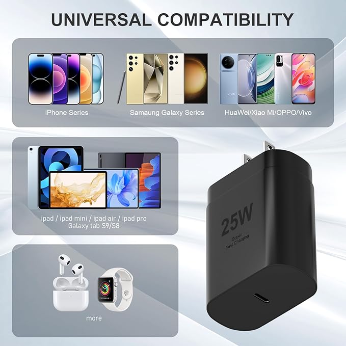 Samsung USB C Charger Block 25W PD Super Fast Charger Type C Wall Plug Adapter Quick Charging for Samsung Galaxy S26/S25/S24/S23/S22/S21/S20/Z Fold 3/4/5/Note20