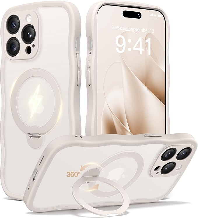CAPRARO for iPhone 14 Pro Max Case with 360° Spin Magnetic Stand for Women, [Compatible with MagSafe] [Full Camera Protection] Cute Wave Translucent Matte Case for iPhone 14 Pro Max, Stone