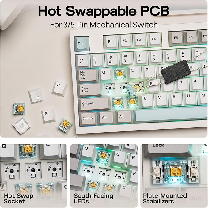 EPOMAKER QK108 Full Size Mechanical Keyboard with Screen & Knob, 8000mAh, QMK/VIA, Creamy&Thocky, Gasket, RGB Backlit, Mac Keycap, Wireless Gaming Keyboard (White Cyan, Wisteria Linear Switch)