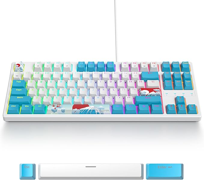 75% Mechanical Gaming Keyboard with Red Switch, RGB LED Backlit Keyboard White and Blue, 87 Keys Compact TKL Wired Computer Keyboard for Windows Laptop PC Gamer (87 Sea)