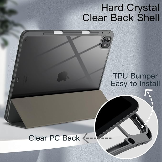 JETech Case for iPad Pro 13-Inch M5/M4 (2025/2024) with Pencil Holder, Clear Transparent Back Shell Slim Stand Shockproof Tablet Cover, Auto Wake/Sleep (Space Gray)