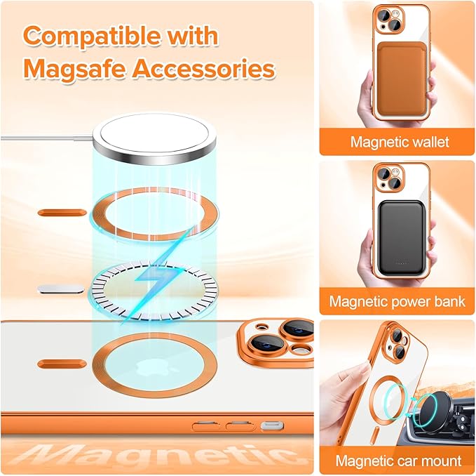 Hython Magnetic Clear for iPhone 15 Plus Case with Camera Lens Protector [Compatible with MagSafe] Luxury Plating Edge Slim Soft TPU Cover Protective Phone Case for iPhone 15 Plus 6.7", Matte Orange