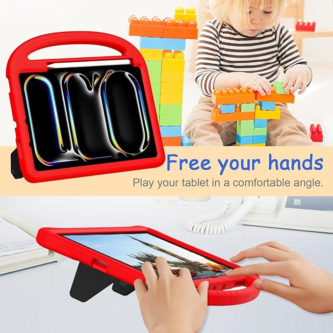 Kids Case for iPad Pro 11" M5 2025/M4 2024 & iPad Air 11" M3 2025/M2 2024, Techcircle Child Shock Proof EVA Protective [Support Pencil Charging] Handle Stand Cover, Red