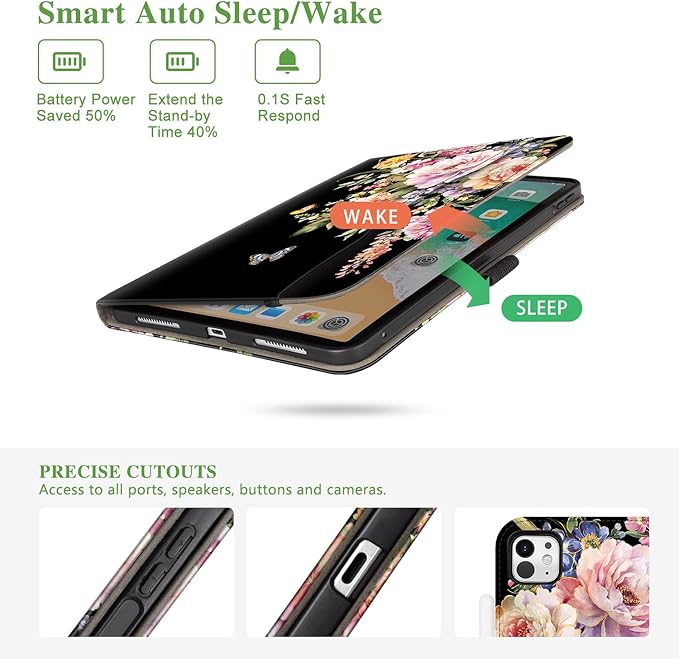 Vimorco for iPad Pro 13 Inch Case M5/M4 2025/2024 Black Floral, for iPad Pro 13 Case for Girls Women, Pencil Holder/Hand Strap/Pocket/Screen Protection Band, for iPad 13 Pro Cover, Flower Butterfly