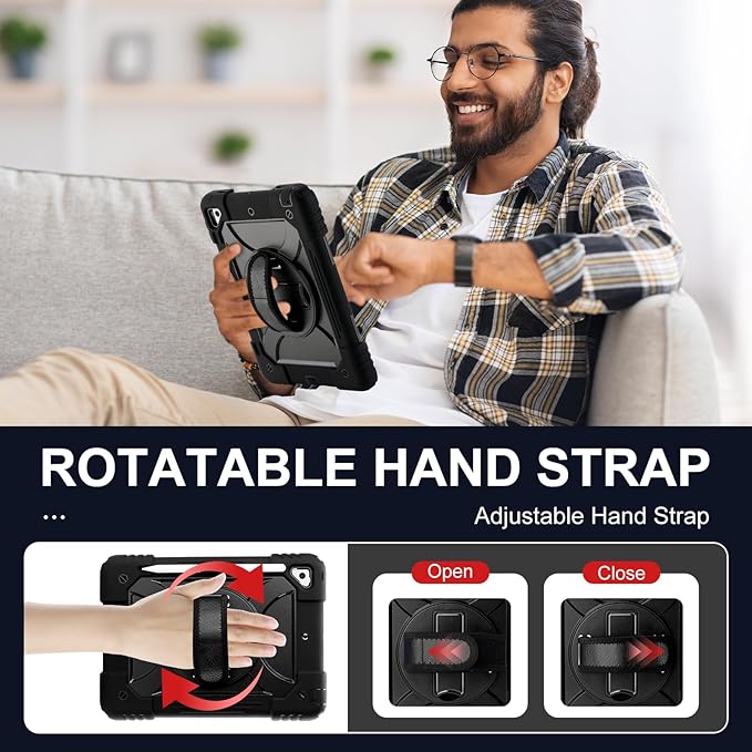 for iPad 6th Generation/iPad 5th Gen/iPad Air 2/iPad Pro 9.7" Case with Cute Key Chain, Rugged Protective Case with Rotating Stand & Shoulder Hand Strap for iPad 6th/5th/ Air 2 (Black)