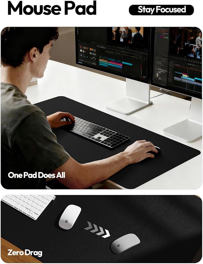 YSAGi Leather Desk Protector, Office Mat, Large Mouse Mat, Non-Slip PU Leather Blotter, Laptop Pad, Waterproof Writing Pad for Office and Home (Black, 47" x 17")