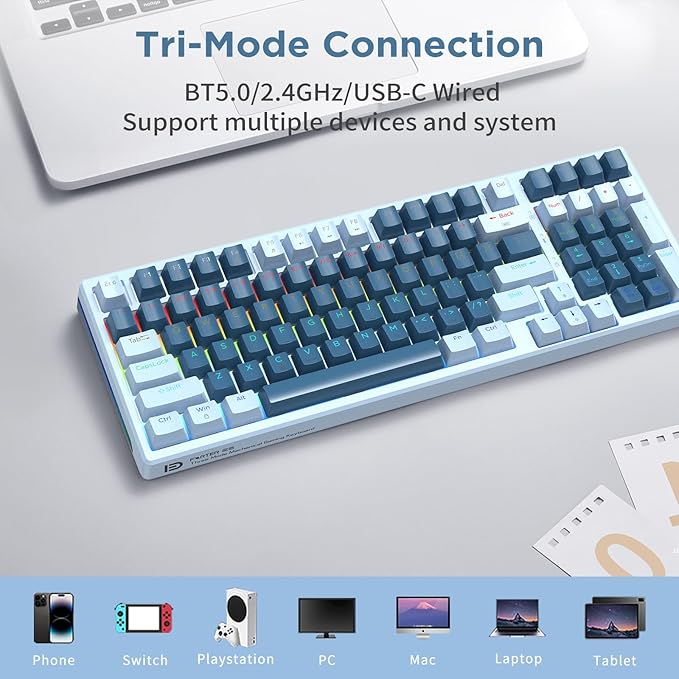 HUO JI 96% Wireless Mechanical Keyboard, Hot Swappable, Pre-lubed Blue Switches, Gasket Structure, Bluetooth/2.4GHz/USB-C, Led Backlit Sidelit, Custom Gaming Keyboard for PC (Blue)