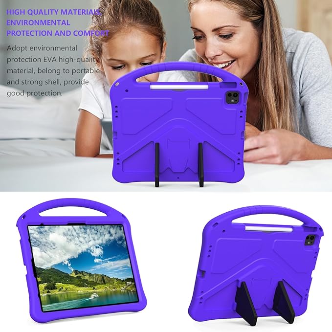 for iPad Pro 12.9 inch Kids Case 6th/5th/4th/3rd Generation (2022/2021/2020/2018) with Kickstand/Pencil Holder/Handle Stand Lightweight Soft EVA Shockproof Heavy Duty Protective Cover, Purple