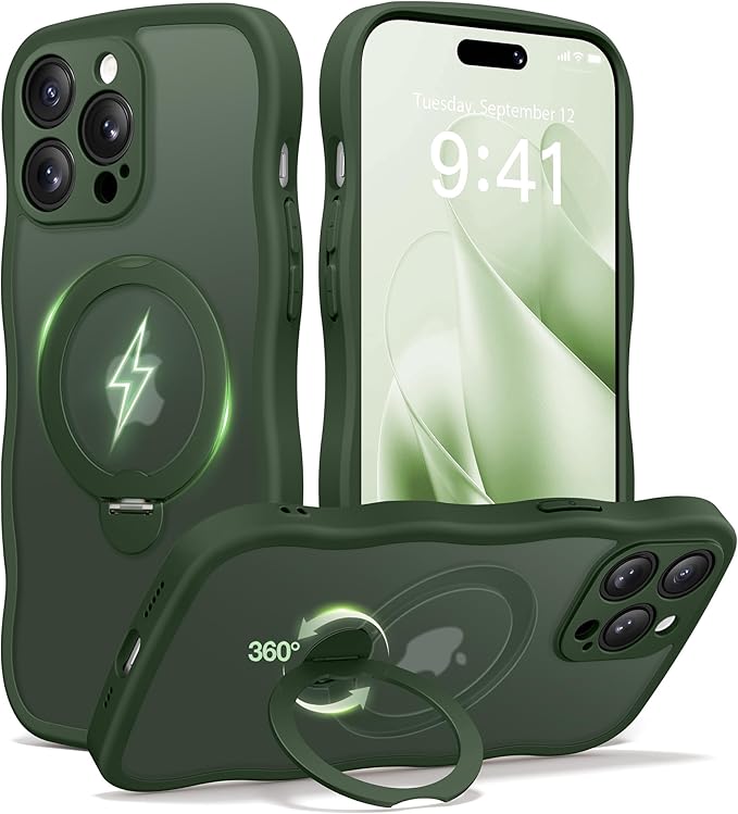 CAPRARO for iPhone 14 Pro Max Case with 360° Spin Magnetic Stand for Women, [Compatible with MagSafe] [Full Camera Protection] Cute Wave Translucent Matte Case for iPhone 14 Pro Max, Dark Green