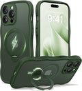 CAPRARO for iPhone 14 Pro Case with 360° Spin Magnetic Stand for Women, [Compatible with MagSafe] [Full Camera Protection] Cute Wave Translucent Matte Case for iPhone 14 Pro,Dark Green