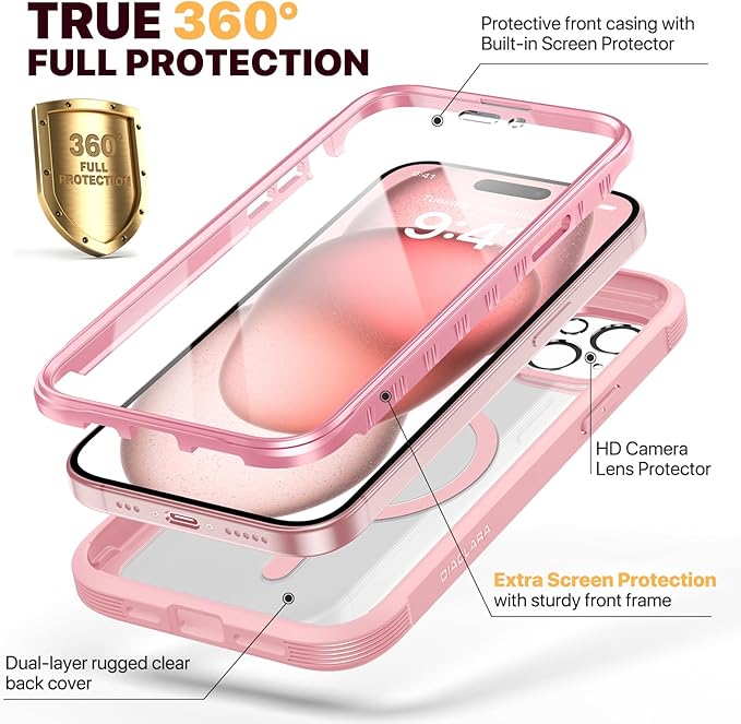 Diaclara Magnetic Designed for iPhone 15 Case, Compatible with MagSafe Built-in Touch Sensitive Anti-Scratch Screen Protector, with Camera Lens Protector for iPhone 15 6.1" (Fantasy Pink)