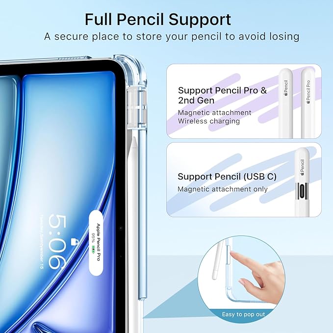 MoKo for iPad Air 11 inch Case (M4/M3/M2) 2026/2025/2024, iPad Air 5th/4th Gen 10.9 inch Case 2022/2020 with Pencil Holder, Slim Light Trifold Cover with Hard PC Translucent Back Shell, Sky Blue