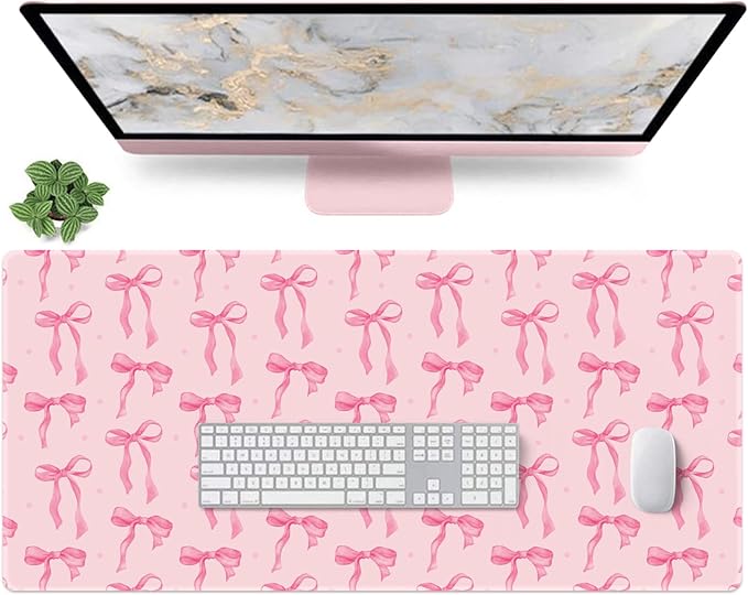 Pink Desk Mat Bows, Large Bow Mouse Pad for Computer Laptop PC Non-Slip Rubber Base Gaming Keyboard Pad, Cute Office Mat Girly Décor Office Supplies Accessories for Teen Girls Women 35.4 x 15.7in