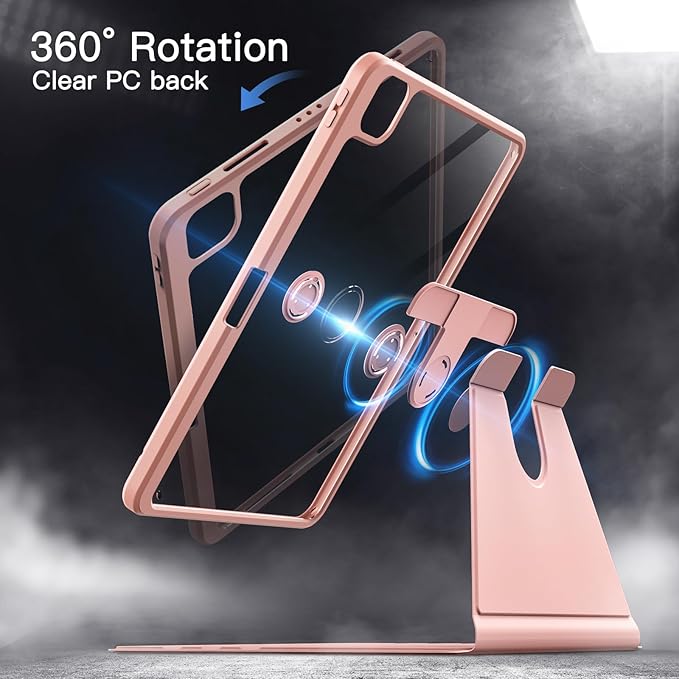 JETech Rotating Case for iPad Pro 11-Inch 2022/2021(4th/3rd gen) with Pencil Holder, 360 Degree Rotation Protective Stand Cover Clear Back, Auto Wake/Sleep (Rose Gold)