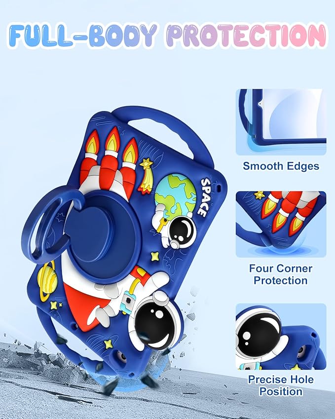 Boaretiu Kids Case for iPad mini 4/mini 5 Generation 7.9 Inch - Cute Cartoon Astronaut Spaceship Silicone Case with Strap & Rotating Stand Soft 3D Tablet Cover for Boys Teens