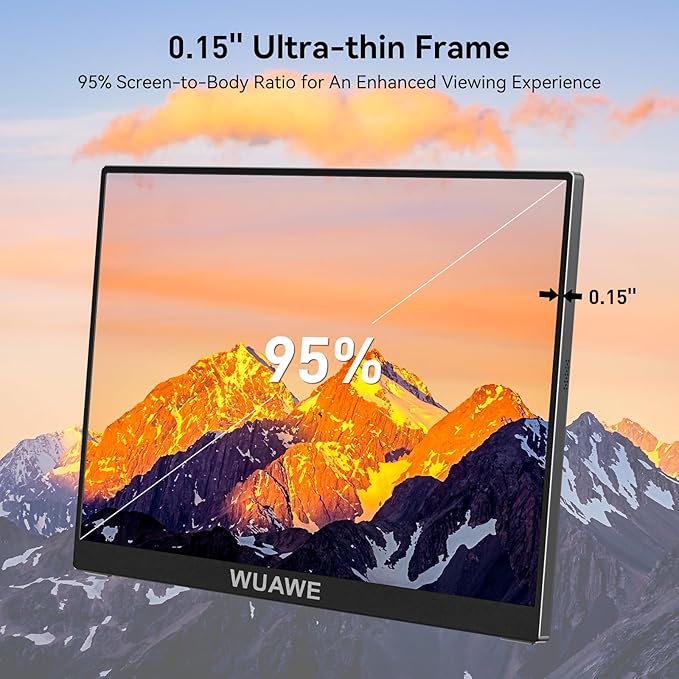 WUAWE Portable Monitor, 15.6'' 72% NTSC 100% sRGB USB C HDMI Travel Monitor for Laptop with Built-in Stand, HDR Freesync Low Blue Light for PC Mac Phone PS5 Switch.