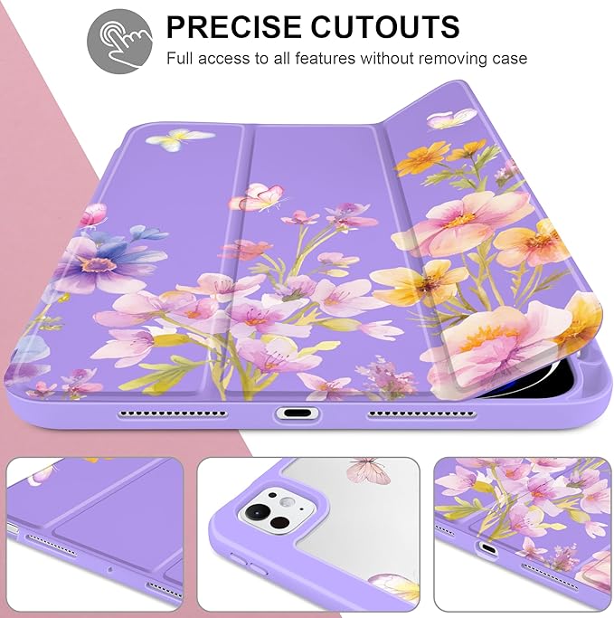 Case for iPad Pro 11 inch (M5) 2025 (M4) 2024 Release Slim Lightweight Cute Purple Cover with Clear Back TPU Edge Pencil Holder Trifold Stand, Watercolor Flower