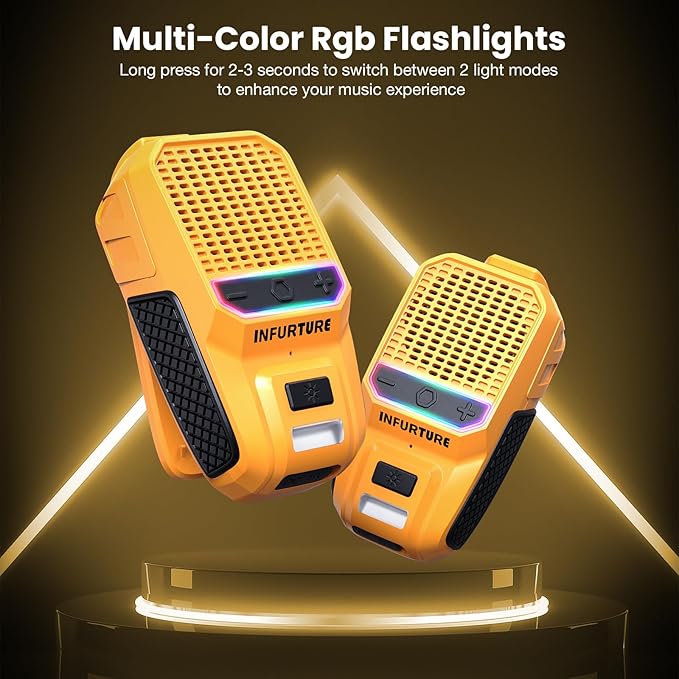 INFURTURE Clip on Bluetooth Speaker with RGB/Flashlight, Wearable Waterproof Shower Speaker Bathroom Speakers Built-in Noise Reduction Mic for Hands-Free Music/Calls-for Work/Riding/Golf/Outdoor