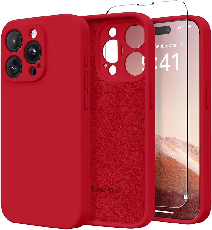 Magnetic for iPhone 15 Pro Max Case, Compatible with MagSafe, [Full Camera Protection][Screen Protector] Silicone Shockproof Protective Phone Case for iPhone 15 Pro Max 6.7", Deep Red