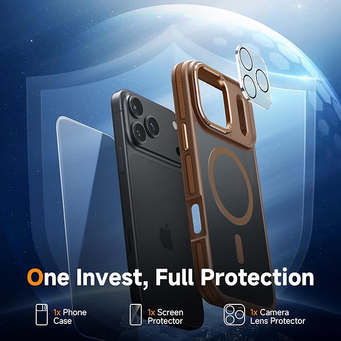 Magnetic 3 in 1 for iPhone 17 Pro Case, [Omni-Directional Protection] with 1x Screen Protector + 1x Camera Cover, [Seamless Work with Magsafe] Shockproof Slim Thin Matte Case for iPhone 17 Pro Brown