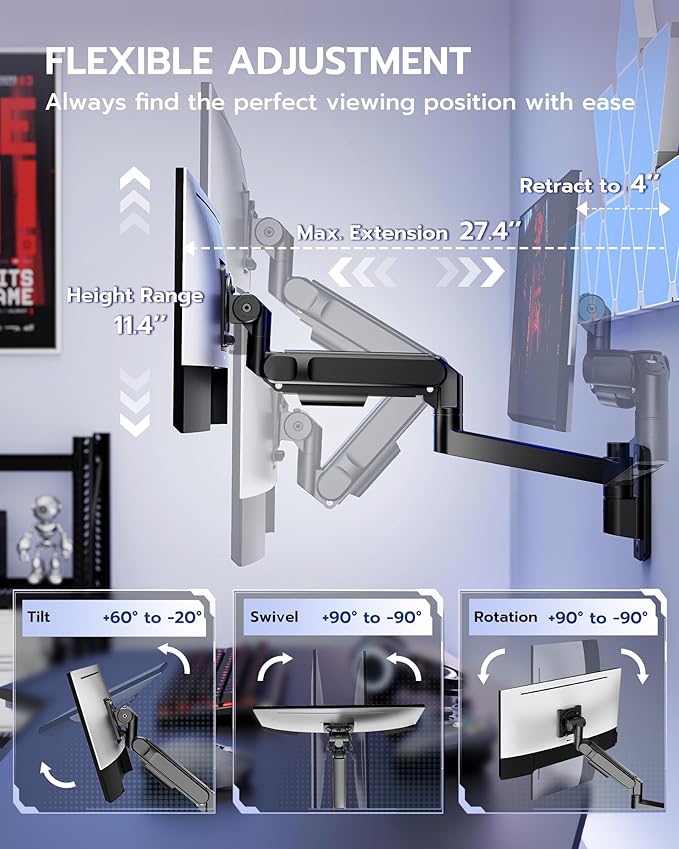 ARES WING Monitor Wall Mount for 24-57 Inch Ultrawide Gaming Screens, Premium Heavy Duty Monitor Arm Holds 60 lbs, Full Motion Gas Spring, Bearing Head for Easy Adjustment, 75/100 VESA Mount, Black