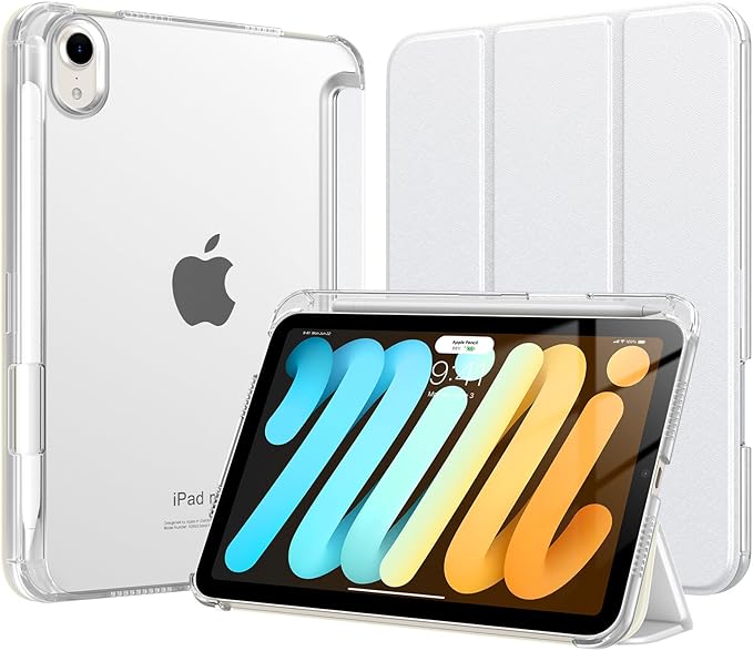MoKo for iPad mini 7 A17 Pro Case 2024, iPad mini 6th Generation Case 8.3 Inch 2021 with Pencil Holder, Slim Light Trifold Smart Protective Cover with Hard PC Translucent Back Shell, White