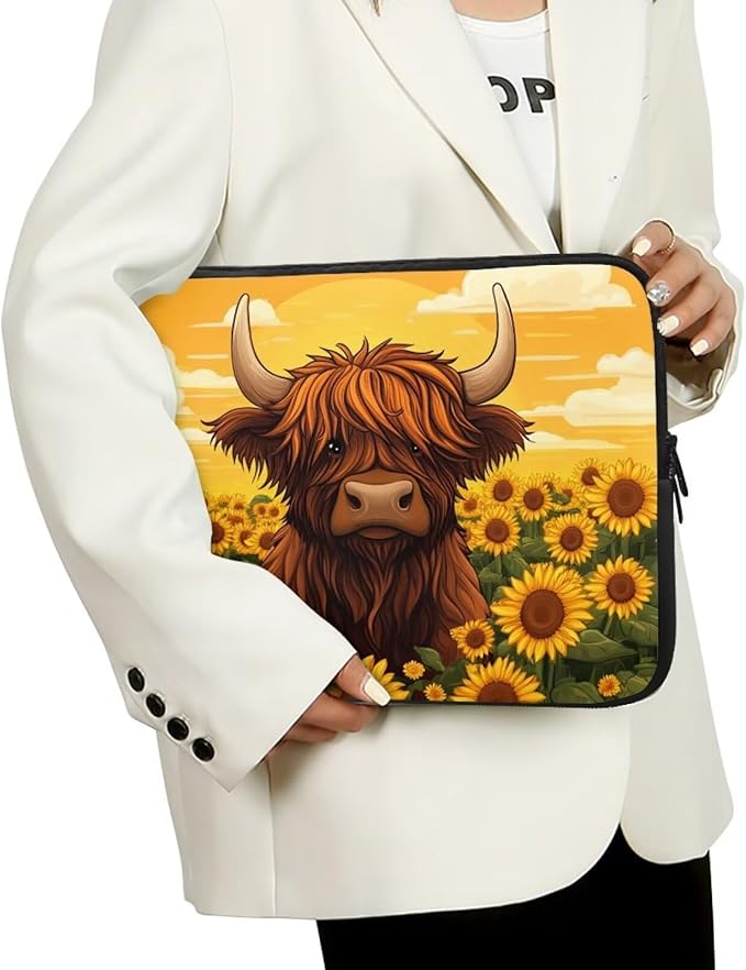 Highland Cow Laptop Protective Sleeve for Women 15inch Computer Sleeve Bag Sunflower Portable Lap Top Case Suitable for Travel School Office Neatly Organizers Brown