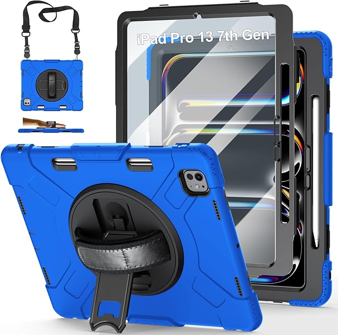 Case for iPad Pro 13 Inch M5 2025/ M4 2024: Military Grade Cover for iPad Pro 13" with Screen Protector - Stand - Handle - Shoulder Strap - Pencil Holder- Blue