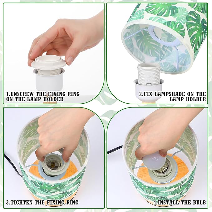 VIHOSE Jungle Animal Table Lamp Bedside Table Lamp Monstera Palm Leaves Vintage Nightstand Light with Linen Fabric Shade Solid Wood Base Decoration for Living Room Bedroom Desk Dorm