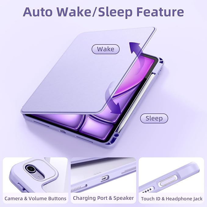 Wenlaty for iPad Air 11 inch Case (M4/M3/M2) & Air 5th/4th Generation Case 10.9 inch,for iPad Pro 11 inch 4/3/2/1 Gen,360° Rotating, Detachable Magnetic Back, Pencil Holder, Auto Sleep/Wake,Lavender
