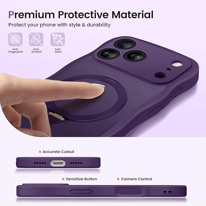 CAPRARO for iPhone 17 Pro Case with 360° Spin Magnetic Stand for Women, [Compatible with MagSafe] [Full Camera Protection] Cute Wave Translucent Matte Case for iPhone 17 Pro, Deep Purple