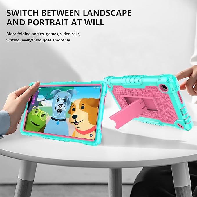 Case for for AT&T Amigo Jr. Tab 8 inch Tablet 9136K - [Built-in Kickstand] Anti Slip Kids Friendly Shockproof Silicone Protective Cover (Green/Pink)