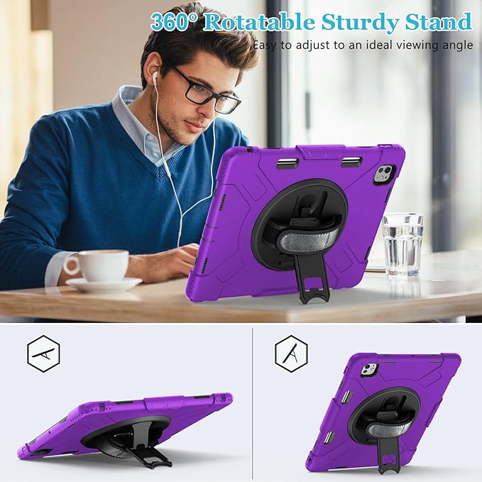 Case for iPad Pro 13 Inch M5 2025/ M4 2024: Military Grade Cover for iPad Pro 13" with Screen Protector - Stand - Handle - Shoulder Strap - Pencil Holder- Purple