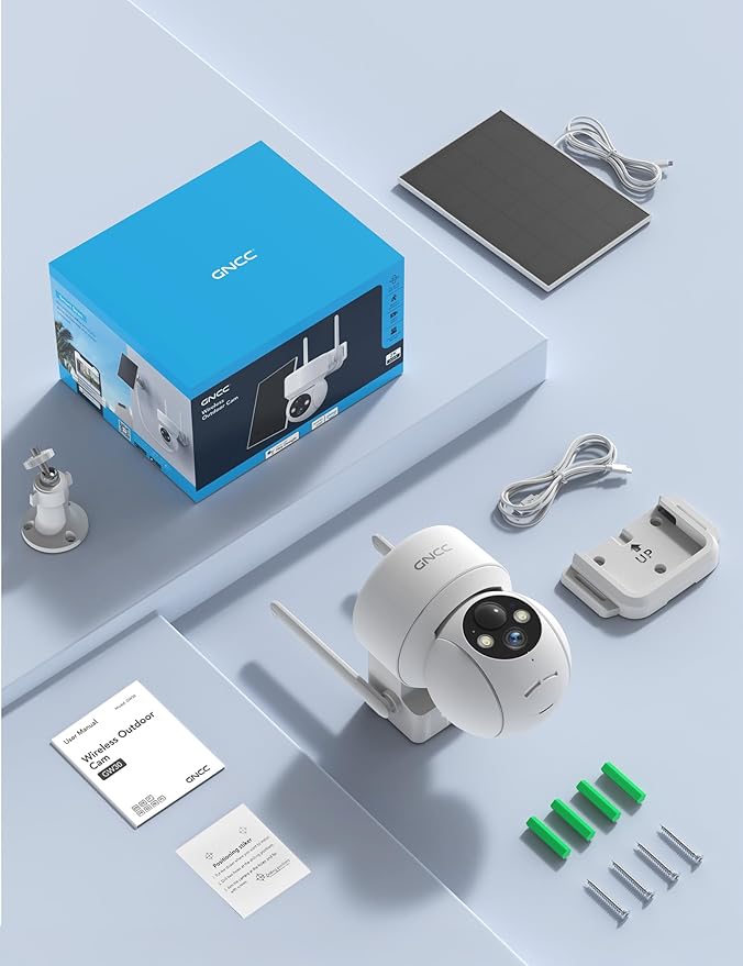 GNCC Solar Security Cameras Wireless Outdoor 2.4G WiFi, 360° View, Solar/Battery Powered, AI Human Detection, Color Night Vision, 2-Way Audio, Spotlight Siren Alarm, IP65 Waterproof, SD/Cloud Storage
