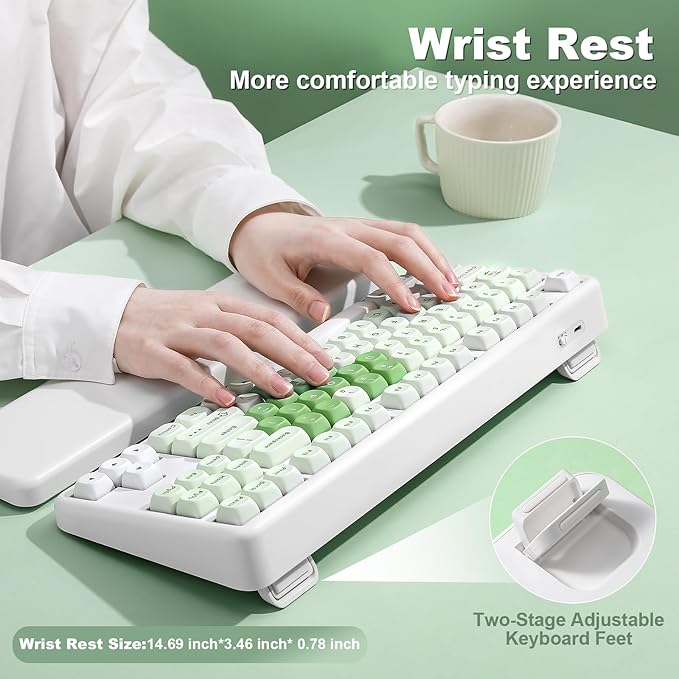 YUNZII B87 Wireless Mechanical Keyboard,QMK/VIA Programmable,TKL Layout 87 Keys,BT/2.4G/USB-C,Hot Swap Gasket Mount RGB Backlit Gaming with Wrist Rest for Win/Mac (Matcha Heart, Milk V2)