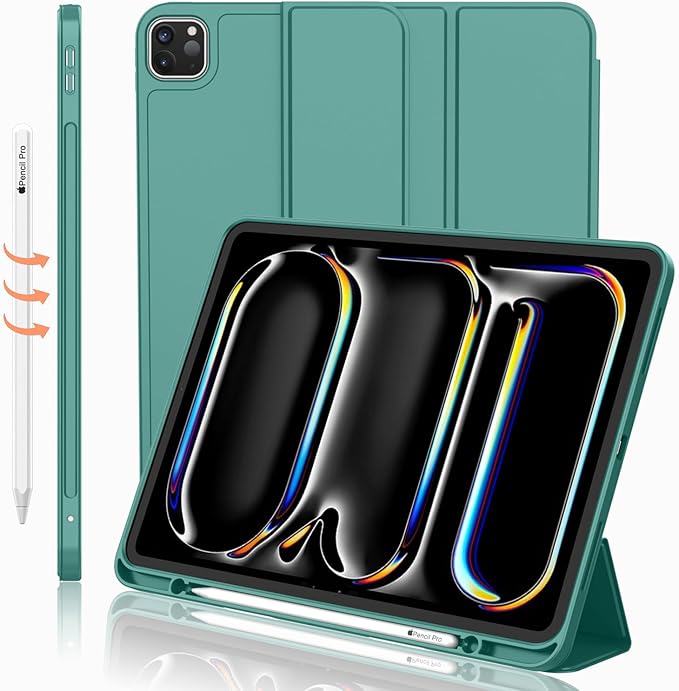 iMieet Case for iPad Pro 11 Inch (M5) 2025 /(M4) 2024 5th Gen, Trifold Stand Smart Cover with Pencil Holder and Soft TPU Back, Auto Wake/Sleep (Forest Green)
