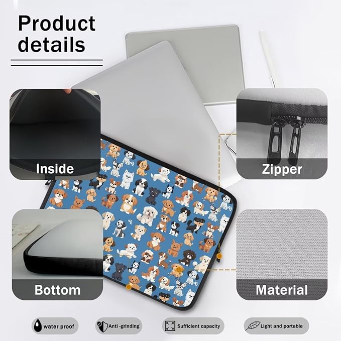 Puppy Dog Laptop Sleeve for Women Teen Girls 15inch Laptop Protector with Multiple Uses Lightweight Computer Sleeve Cute Tablet Bag Laptop Carrying Case Blue