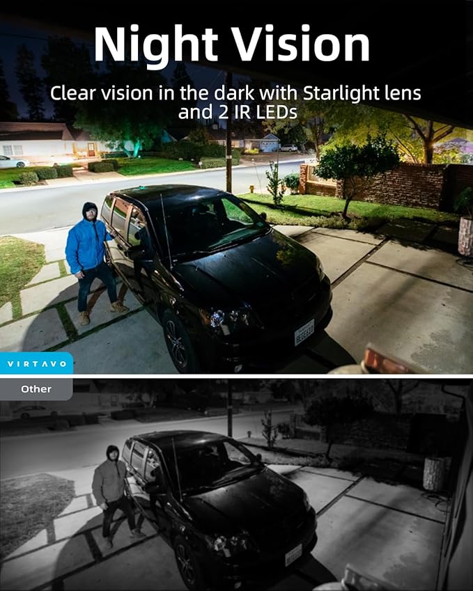 VIRTAVO VistaFlask 2K Security Cameras Wireless Outdoor, Battery Powered, AI Motion Detection, for Home Security, Starlight Lens for Colorful Night Vision, Weatherproof, Cloud/SD Storage 2Pack
