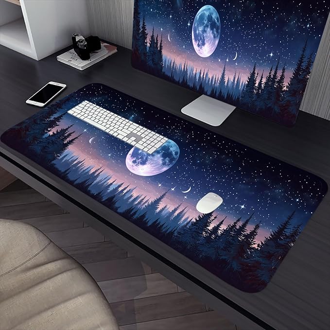 Moon Phases Gaming Mouse Pad Starry Sky Moon Forest Extended Gaming Mouse Pad Mat with Stitched Edge Non-Slip Base Big Mouse Pad 31.5"x11.8" Office Computer Keyboard Laptop Home