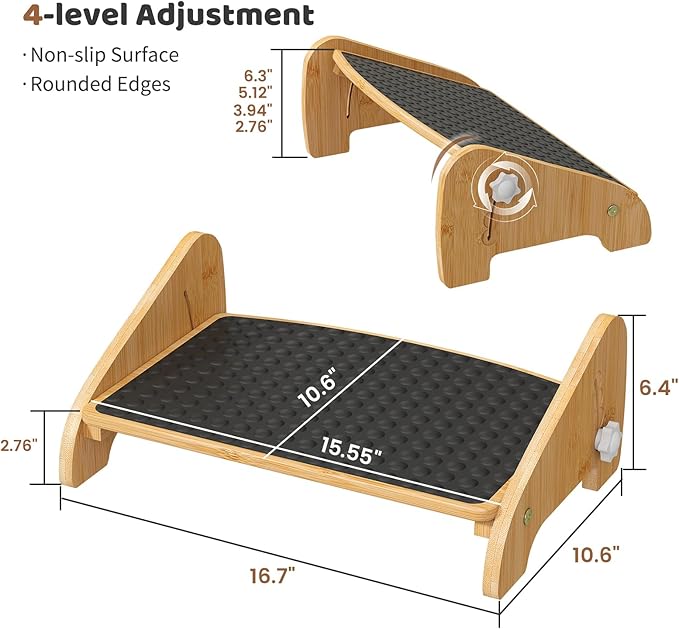 Adjustable Under Desk Footrest-Bamboo 4-Position Ergonomic Office Foot Stool with Large Non-Slip Surface, Improves Posture for Home,Office & Computer Desk Use (Natural)