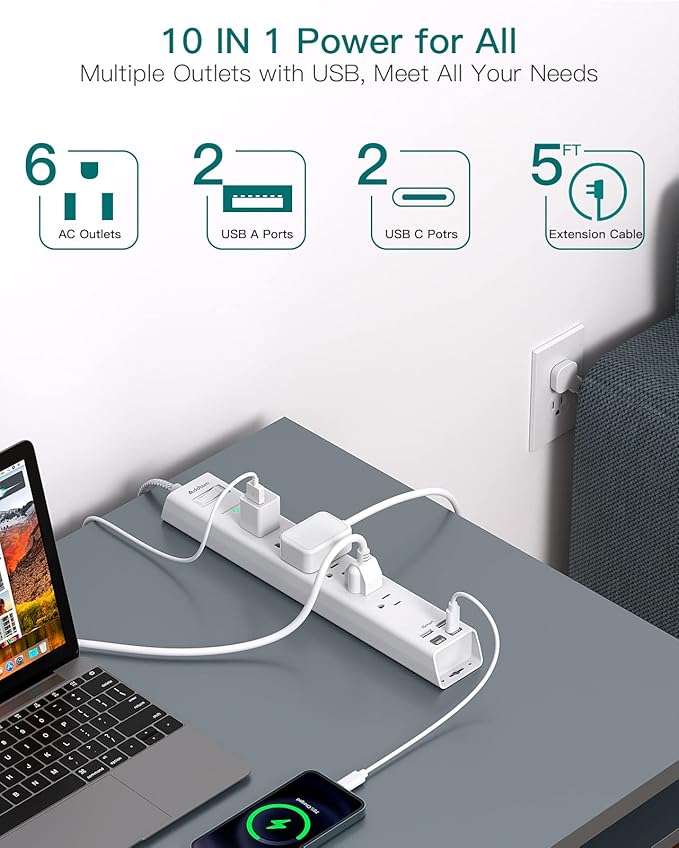 Power Strip Surge Protector with USB C - Flat Plug Extension Cord with 6 AC Outlets 4 USB (2 USB C), Wall Mount, 5ft, 1080 J, Multi Plug Outlet Extender for Home Office Dorm Room Essentials