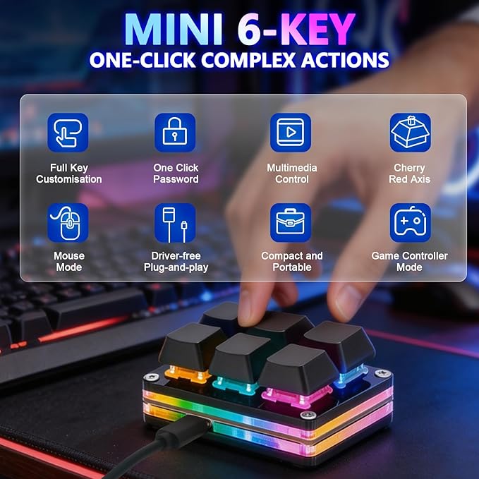 aikeec Black White 6-Key Gaming Keyboard, USB Mini 6-Key Keypad Mechanical Gaming PC Keyboards Programming Macro with Software OSU HID Standard Keyboard.(Upgrade Cherry Shaft & RGB LED)