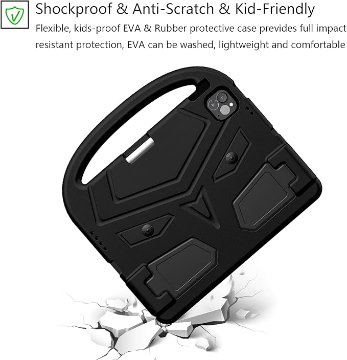 Kids Case for Apple iPad Pro 11 inch M5/M4 Tablet (2025/2024) with Pencil Holder/Handle/Kickstand Slim Lightweight Cute Soft EVA Foam Shockproof Stand Cover for Boys Girls Teens, Black Bird