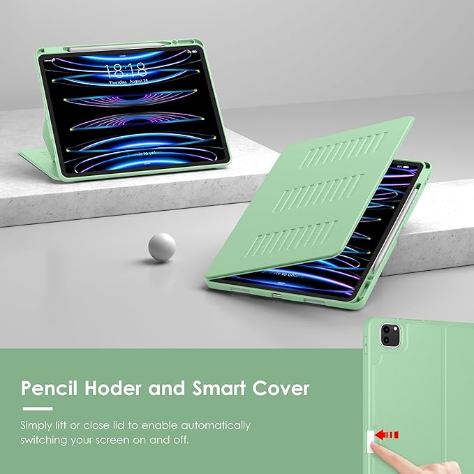 VIKESI Case for iPad Pro 12.9 6th / 5th / 4th / 3rd Generation Case 2022/2021/2020/2018,Multiple Angles Magnetic Stand Cover,Shockproof Soft Back,Pencil Holder,and Auto Sleep/Wake,Matcha