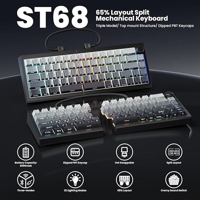ZORNHER ST68 Ergonomic Split Keyboard,65% Wireless Gaming Keyboard with Knob,65% Black Hot-Swappable Mechanical Keyboards for Win/Mac,Clicky Switches,RGB Backlit
